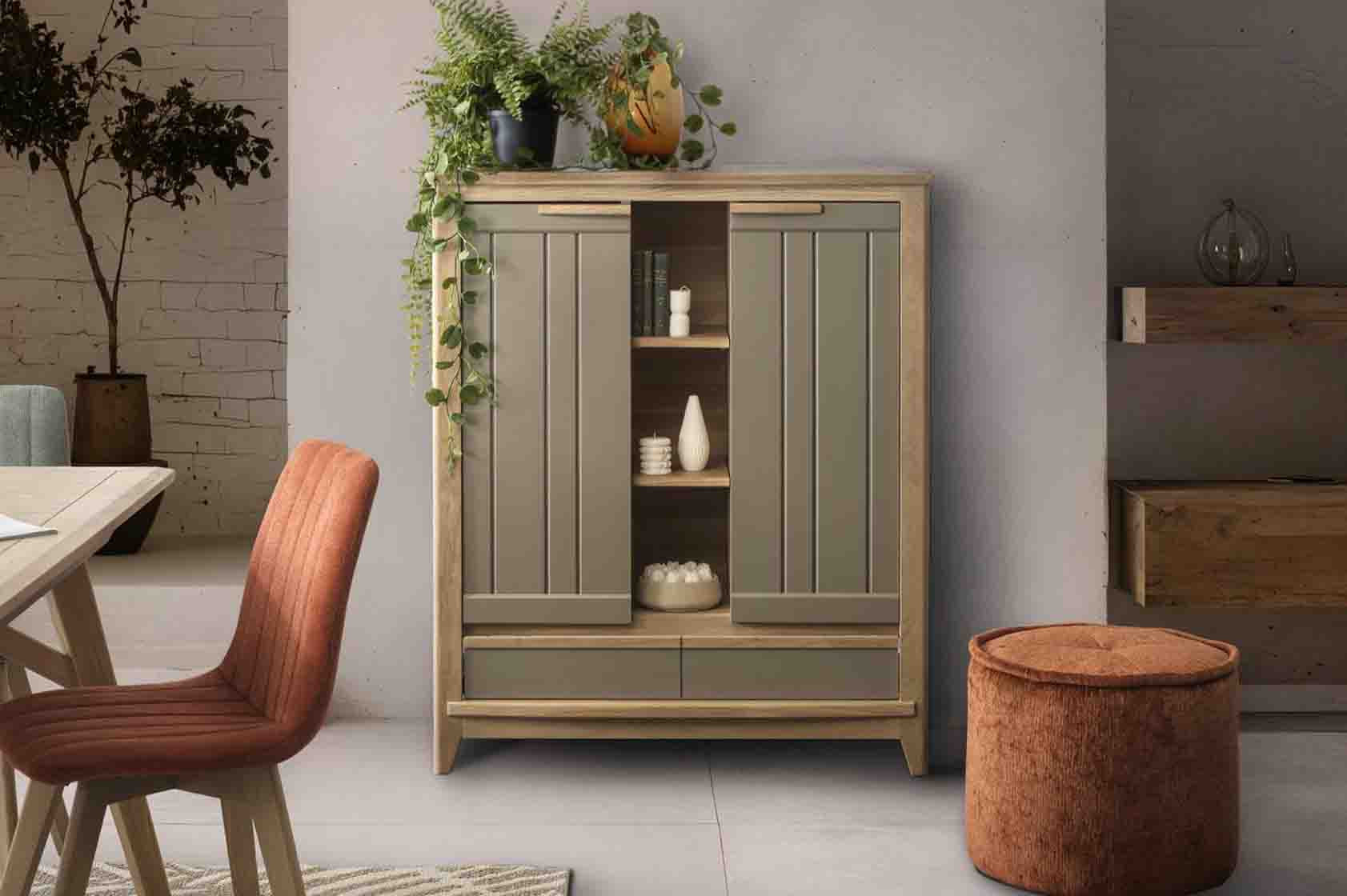 Meuble d'appoint SOLANGE - dressette 2 portes 1 tiroir chêne et laque style contemporain