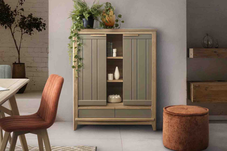 Meuble d'appoint SOLANGE - dressette 2 portes 1 tiroir chêne et laque style contemporain